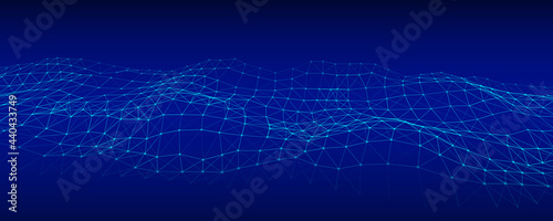 Abstract wave with moving dots and lines. Flow of particles. Cyber technology illustration.