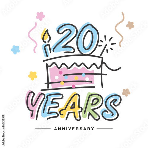 20 Years Anniversary handwritten typography lettering Greeting card with colorful big cake  sparkle firework  number  candle and confetti
