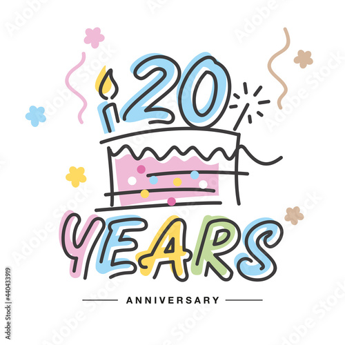 20 Years Anniversary handwritten typography lettering Greeting card with colorful big cake, sparkle firework, number, candle and confetti