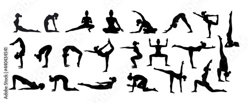 Yoga Poses Woman Silhouette Isolated Over White Background  Set Of People Figures In Sport Gymnastics Training Exercise