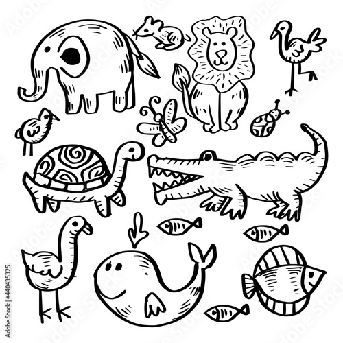 Sketch doodle cute animal set