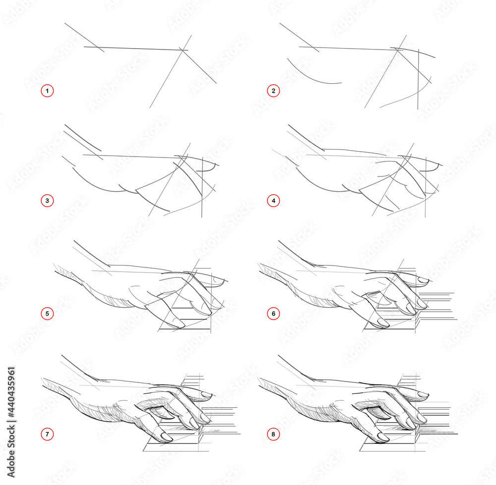 Page shows how to learn to draw sketch of humans hand playing piano.  Creation step by step pencil drawing. Educational page for artists.  Textbook for developing artistic skills. Online education. Stock Vector