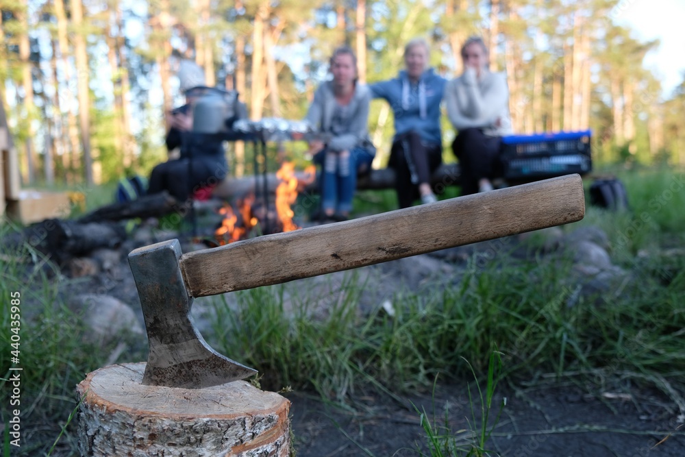 An ax stuck in a stump by the fire. There are three people sitting in the background.