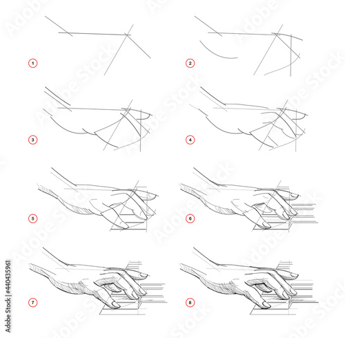 Page shows how to learn to draw sketch of humans hand playing piano. Creation step by step pencil drawing. Educational page for artists. Textbook for developing artistic skills. Online education. photo