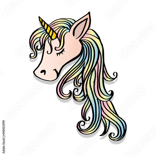 Cartoon cute little unicorn head. Design for children.