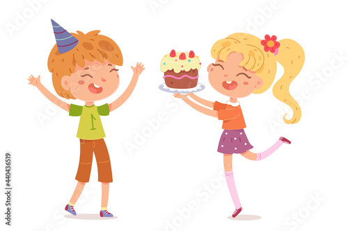 Happy birthday, kids celebrating at party with cake. Cute children having fun vector illustration. Little boy and girl smiling and jumping at event isolated on white background