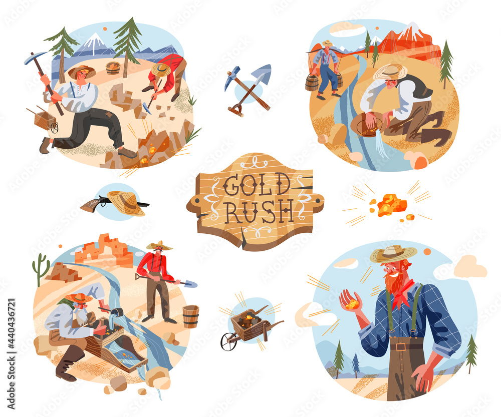 Diggers and miners in Gold Rush times set. Old and young prospectors digging sand, searching diamond nuggets using tools and water equipment vector illustration. Western icons of workers