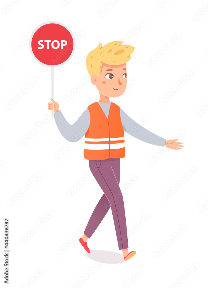 Teacher holding warning road sign stop isolated on white background ...