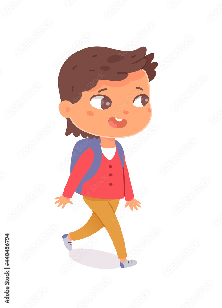 Cute smiling little schoolboy with backpack walking, view from back. Child going isolated on white background. Primary school pupil back to study. Cartoon kid vector character.
