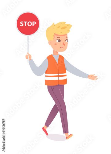 Teacher holding warning road sign stop isolated on white background. Man educator, parent volunteer, school supervisor helping to across pedestrian. Safety traffic for children. Vector design.