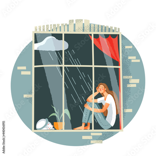 Sad lonely girl sitting at window. Young woman alone and depressed vector illustration. Unhappy upset person at home with cat and plant, cloud with rain emotions. Loneliness and despair