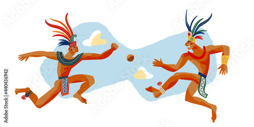 Mayan men playing ball. Ancient civilisation sport in Mexico vector illustration. Tribal men in traditional clothes and headwear on white background  side view in air with clouds