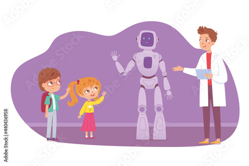 Children in science museum. Kids looking at robot waving hand vector illustration. School excursion scene, boy and girl studying, instructor guide teaching. Science education