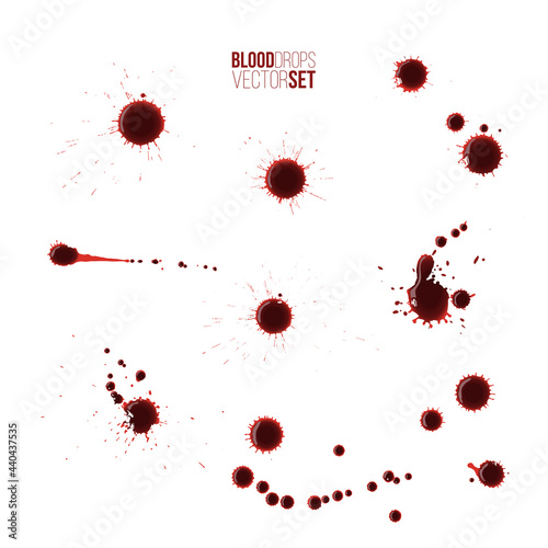 Blood drops set. Red splattered stains, splash, drip liquid spots vector illustration. Murder crime scene textures on white background. Horror bloody scary collection of bloodstains