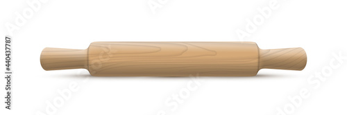 Wooden rolling pin isolted on white background. Vector realistic wood kitchen utensils design element.