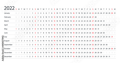 2022 linear calendar. Horizontal planner for year. Vector. Yearly calender template. Week starts Sunday. Annual schedule grid with months. Landscape orientation, english. Simple design illustration.