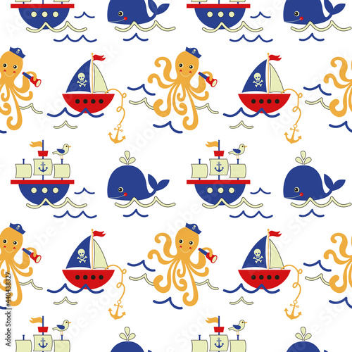 Cartoon sailing boat, octopus, fish and others object vector seamless pattern isolated on white background.   Design for use background, textile fabric, all over print, clothing and others.