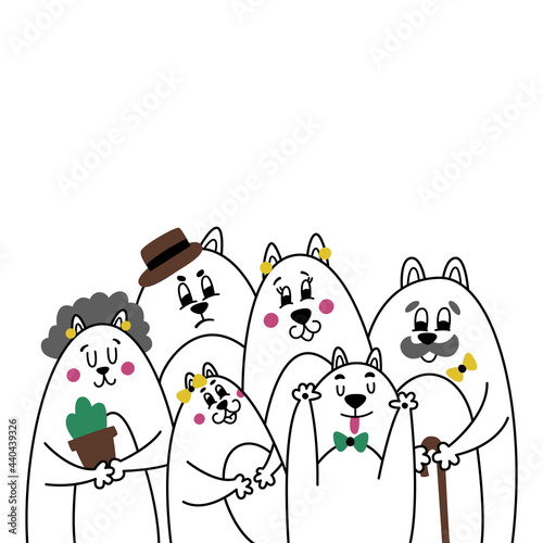 Funny cartoon portrait of a cat family. Happy mom, dad, daughter, son, grandma and grandpa at a photo shoot together. Simple minimal comic line illustration for greeting card, nursery decor, posters