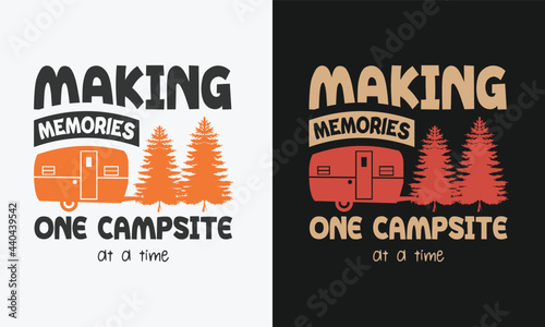 making memories one campsite at a time with a caravan and tree, vector modern logos of camping theme, suitable for apparel, mug, t-shirt design and many others, vector illustration