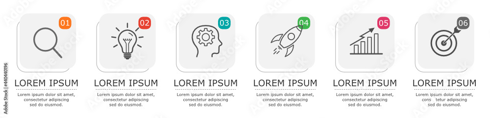 Obraz premium Business infographic Vector with 6 steps. Used for presentation,information,education,marketing,process, project,strategy,learn,brainstorm,creative,growth,abstract,stairs,idea,text,sign,chart,work.