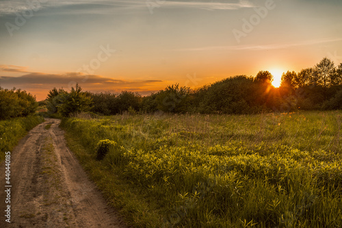 Droga, łąka, słońce, zachód, Piaseczno