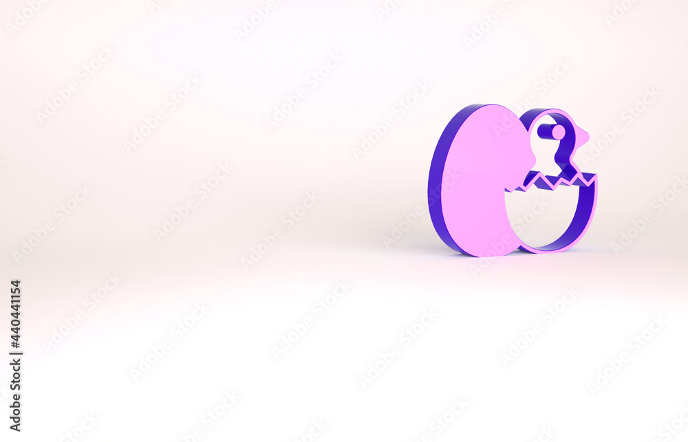 Purple Little chick in cracked egg icon isolated on white background. Minimalism concept. 3d illustration 3D render Purple Little chick in cracked egg icon isolated on white background. Minimalism concept. 3d illustration 3D render