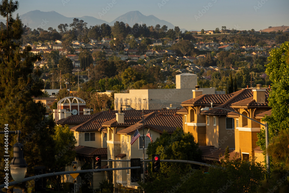 Twilight view of the downtown skyline of Brea, California, USA.