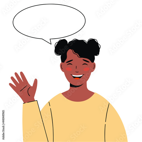 African-American pretty girl. Illustration of black woman with a greeting gesture. Girl says Hello!