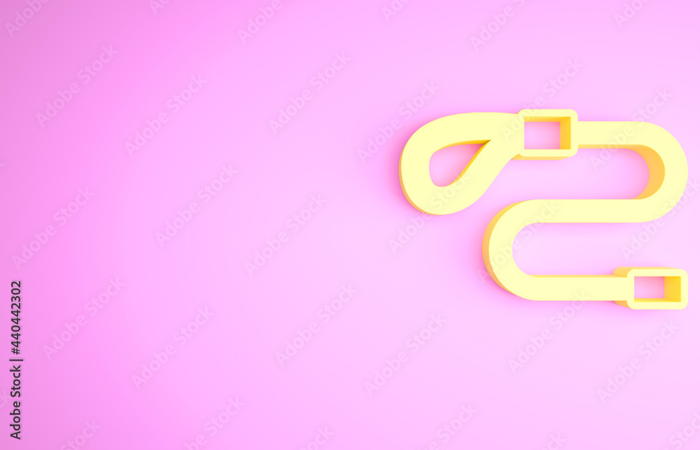Yellow Retractable cord leash with carabiner icon isolated on pink background. Pet dog lead. Animal accessory for outdoors walk. Minimalism concept. 3d illustration 3D render Yellow Retractable cord leash with carabiner icon isolated on pink background. Pet dog lead. Animal accessory for outdoors walk. Minimalism concept. 3d illustration 3D render