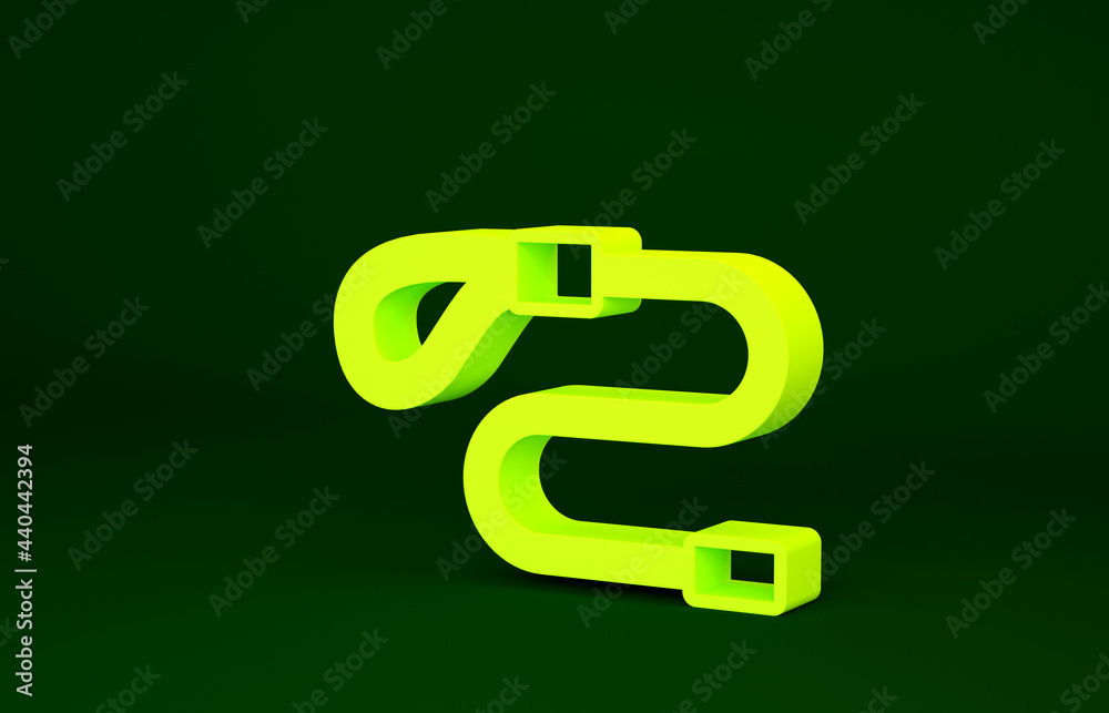 Yellow Retractable cord leash with carabiner icon isolated on green background. Pet dog lead. Animal accessory for outdoors walk. Minimalism concept. 3d illustration 3D render Yellow Retractable cord leash with carabiner icon isolated on green background. Pet dog lead. Animal accessory for outdoors walk. Minimalism concept. 3d illustration 3D render