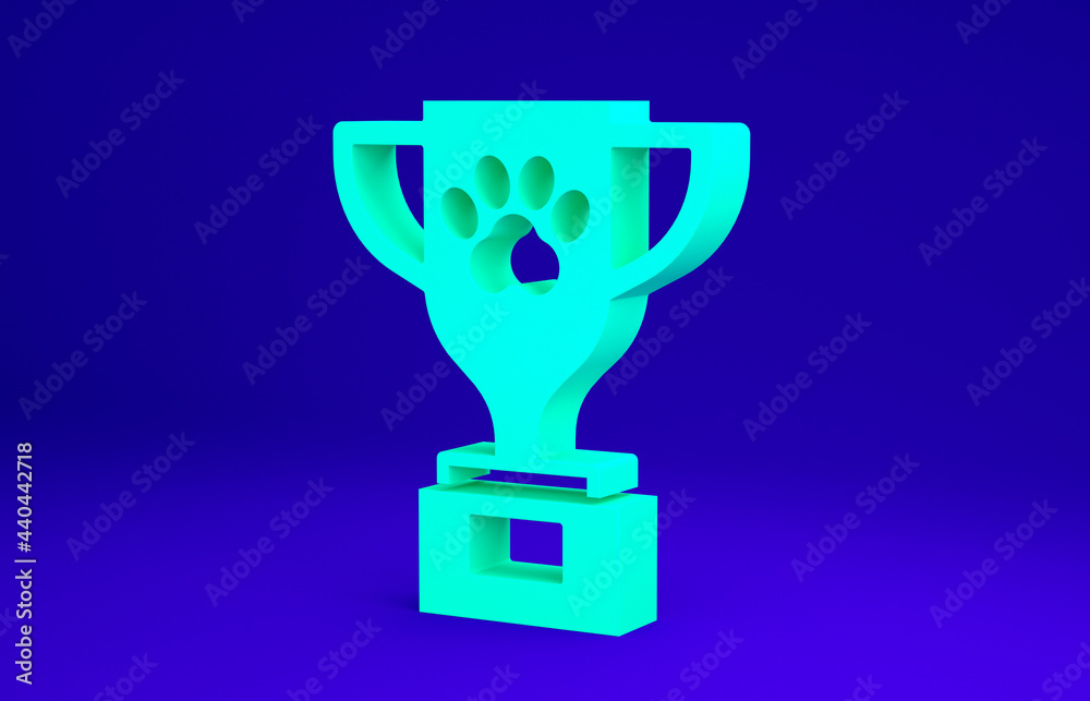 Green Pet award symbol icon isolated on blue background. Medal with dog footprint as pets exhibition winner concept. Minimalism concept. 3d illustration 3D render Green Pet award symbol icon isolated on blue background. Medal with dog footprint as pets exhibition winner concept. Minimalism concept. 3d illustration 3D render