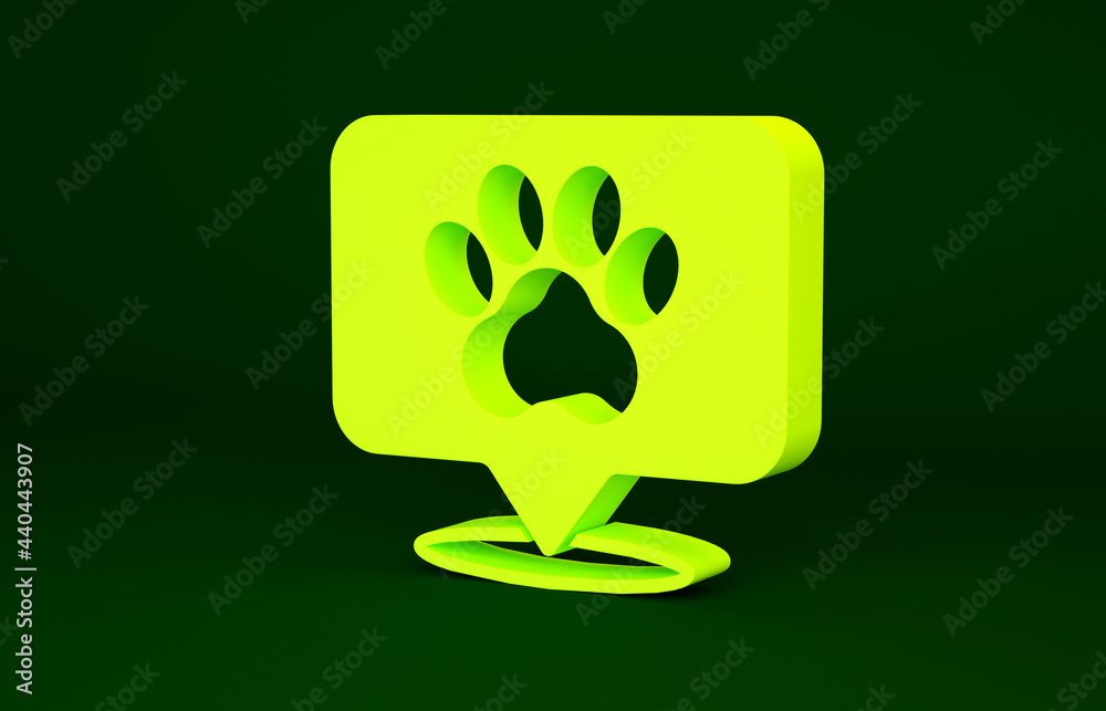 Yellow Map pointer with veterinary medicine hospital, clinic or pet shop for animals icon isolated on green background. Veterinarian clinic. Minimalism concept. 3d illustration 3D render Yellow Map pointer with veterinary medicine hospital, clinic or pet shop for animals icon isolated on green background. Veterinarian clinic. Minimalism concept. 3d illustration 3D render