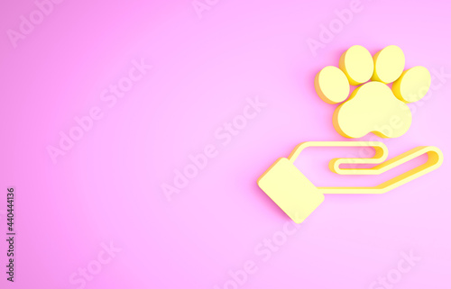 Yellow Hands with animals footprint icon isolated on pink background. Pet paw in heart. Love to the animals. Minimalism concept. 3d illustration 3D render