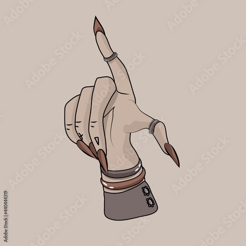 The witch's hand. Gothic style. Victorian clothing. Decoration on the hands. Bracelets, rings. Long nails. A gesture. The hand is pointing at something. Sketch.