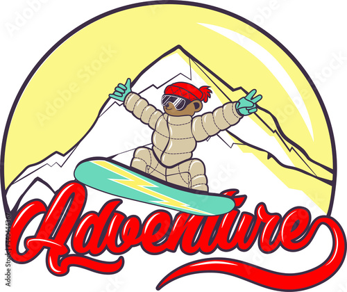 vector illustration with inscription adventure, cool bear snowboarding ride in the mountains