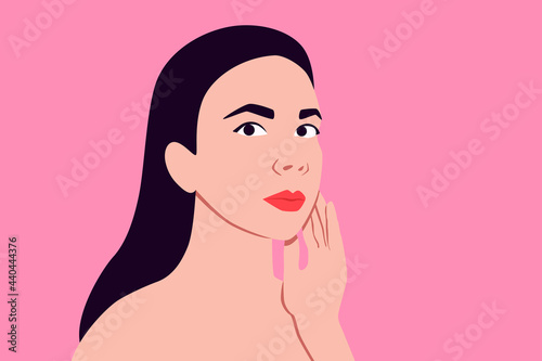 Portrait of a young woman touching her face on a pink background. Flat design. Vector illustration