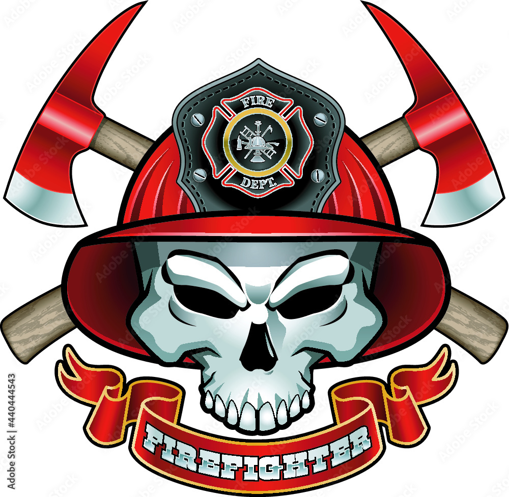 skull wearing fireman helmet, crossed axes and text firefighter Stock ...