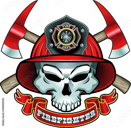 skull wearing fireman helmet, crossed axes and text firefighter