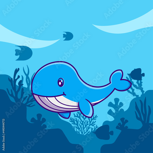 Fototapeta Naklejka Na Ścianę i Meble -  Cute Blue Whale Vector Cartoon Illustrations for World Ocean Day