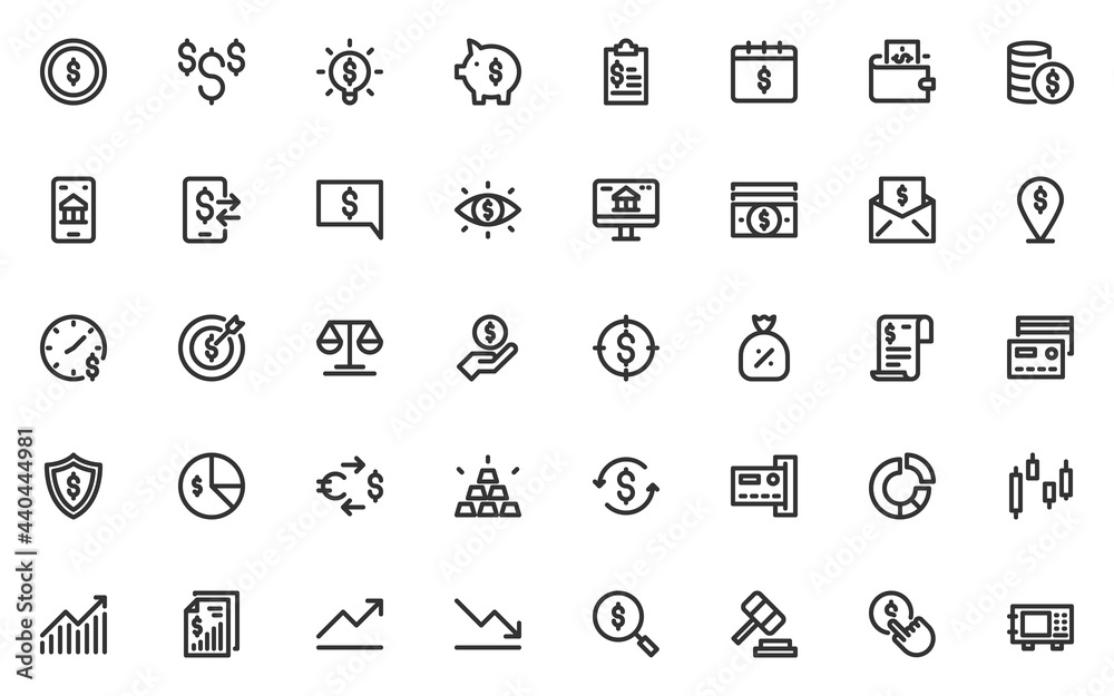 set of finance line icons, payment, money, fintech, banking, currency