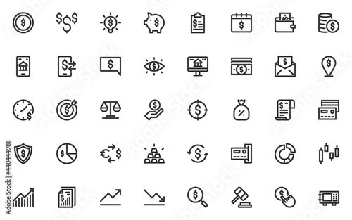 set of finance line icons, payment, money, fintech, banking, currency