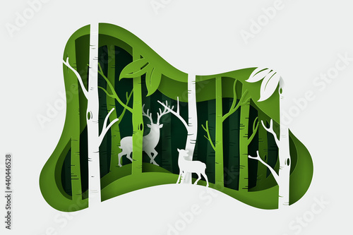 Vector and digital craft style of eco forest with Fullmoon and Deers.