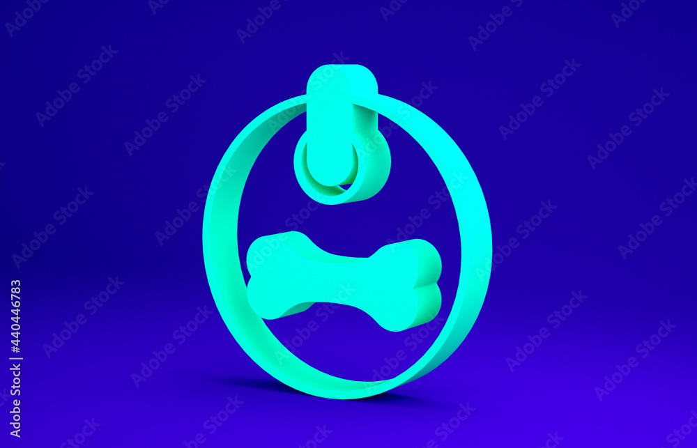 Obraz premium Green Dog collar with name tag and bone plaque icon isolated on blue background. Supplies for domestic animal. Cat and dog care. Pet dog chains. Minimalism concept. 3d illustration 3D render