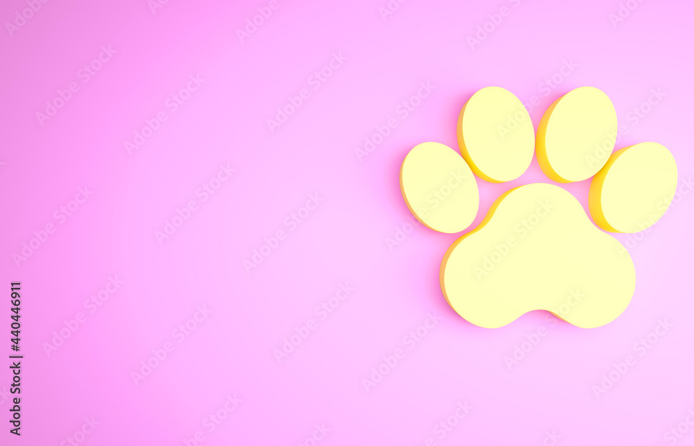 Yellow Paw print icon isolated on pink background. Dog or cat paw print. Animal track. Minimalism concept. 3d illustration 3D render Yellow Paw print icon isolated on pink background. Dog or cat paw print. Animal track. Minimalism concept. 3d illustration 3D render