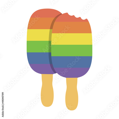 two ice creams on a stick one bitten painted in the colors of the pride flag on a white background. lgbt symbolism