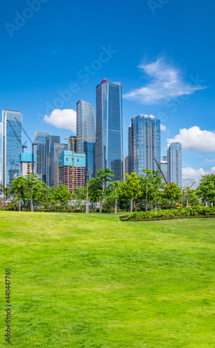 Building scenery and large lawn in Qianhai CBD  Shenzhen  China