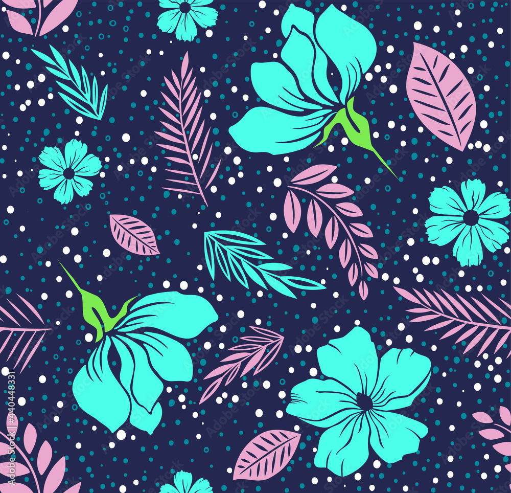 seamless pattern of blue flowers on a dark gray background with pink branches with leaves seamless pattern of blue flowers on a dark gray background with pink branches with leaves