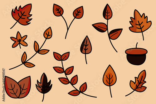 Autumn leaves frame on vintage brown frame for decoration on fall season and Thanksgiving festival. Autumn background. Fall of the leaves. Sketch, doodles, design elements. Vector illustration of real