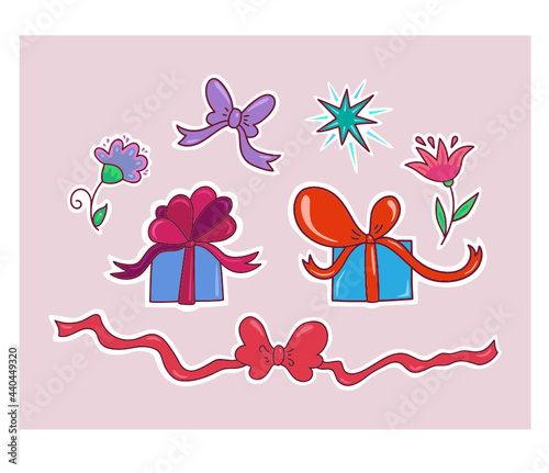 Set of Cute vector stickers with decorated gift boxes, violet and pink ribbons with bows, aqua color star and violet and pink flowers on the pink background