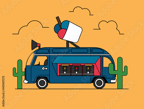 furgoneta de helados en un fondo desértico con cactus y un estilo de dibujo animado
